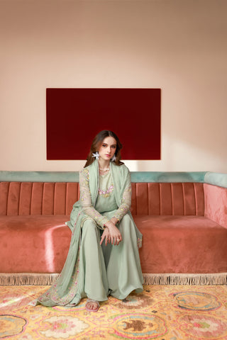 SS25DA-2712 L-GREEN 2PCS EMBROIDERED KURTA WITH TROUSER
