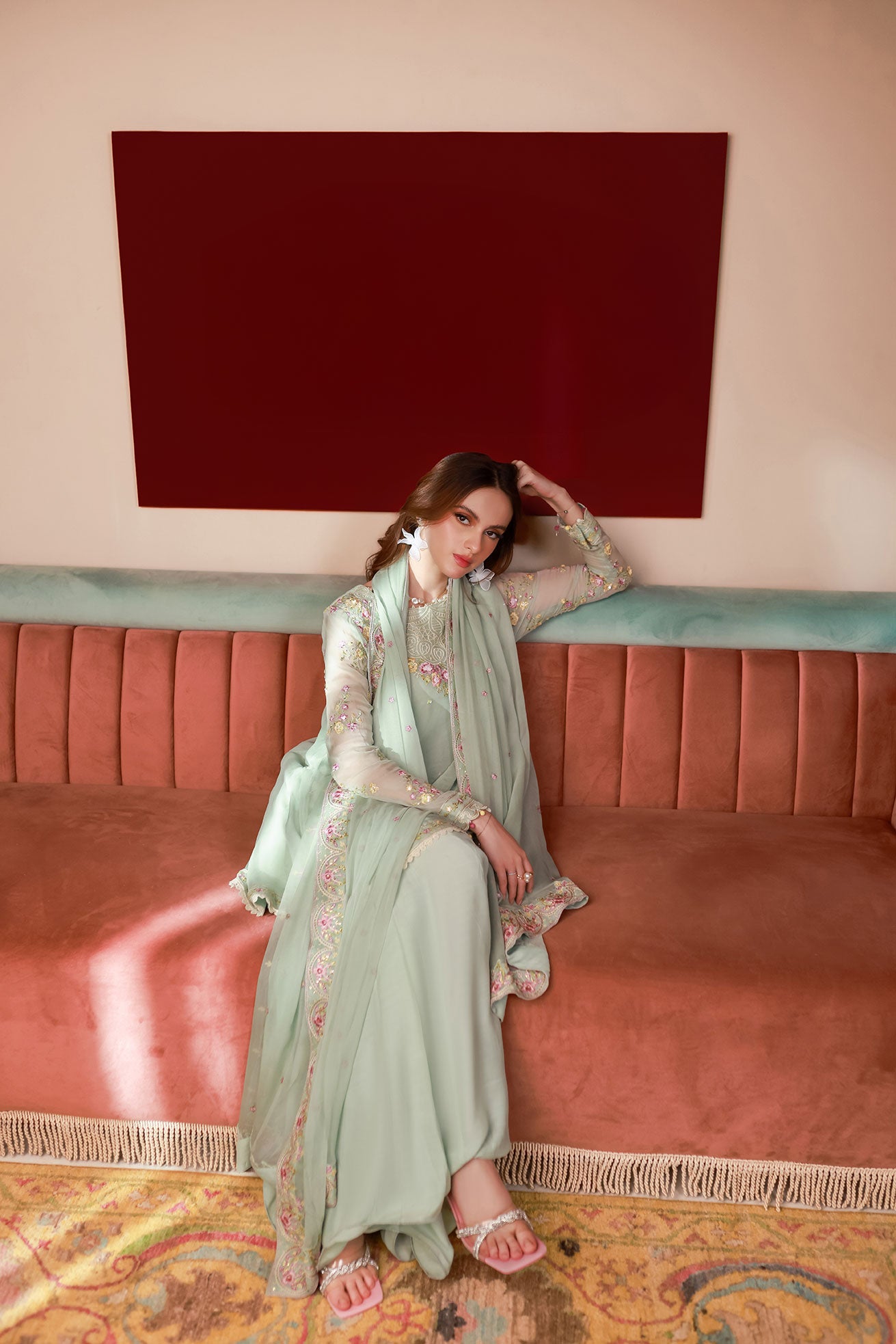 SS25DA-2712 L-GREEN 2PCS EMBROIDERED KURTA WITH TROUSER