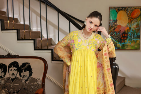 SS25DA-2713 YELLOW 2PCS EMBROIDERED KURTA WITH TROUSER
