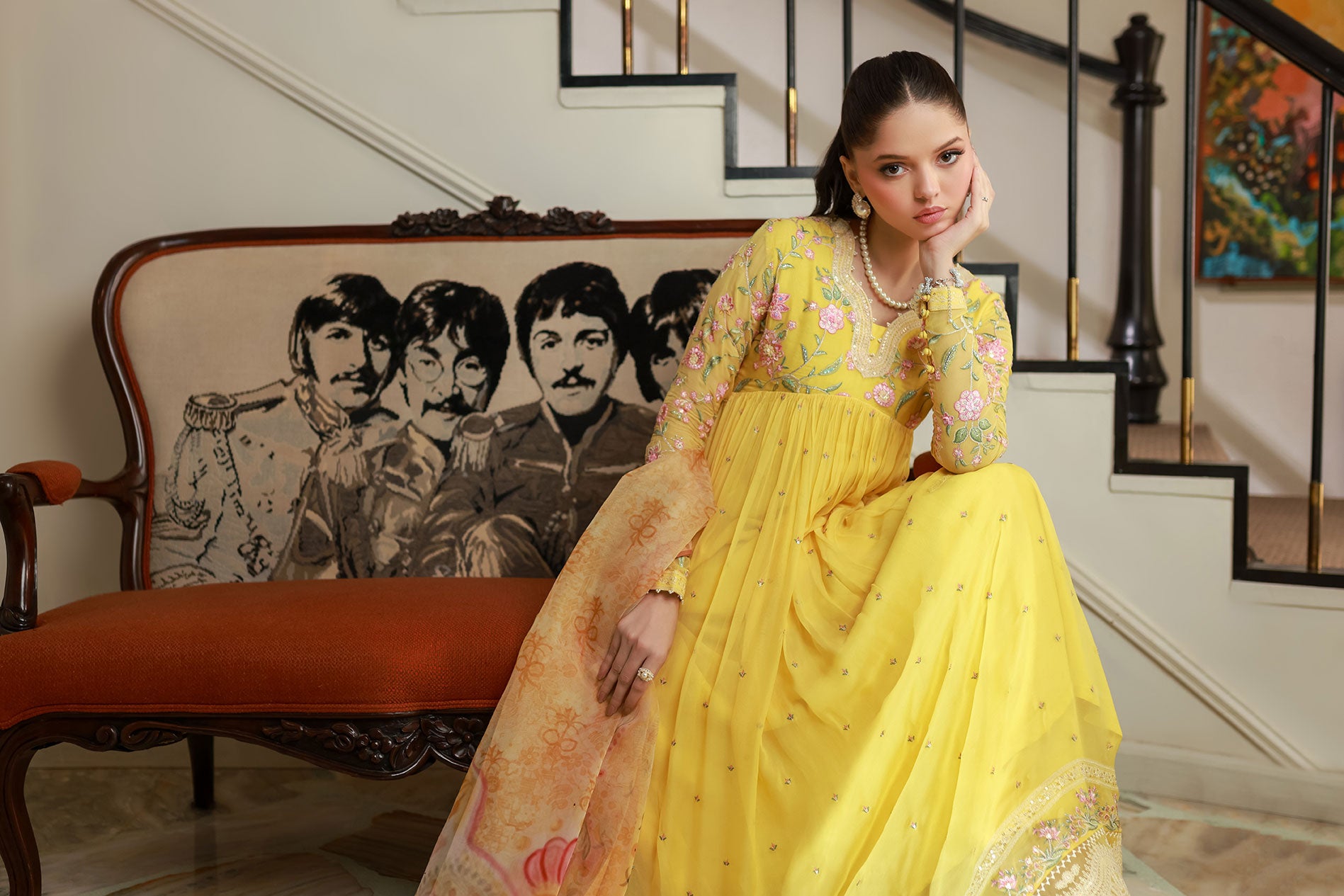 SS25DA-2713 YELLOW 2PCS EMBROIDERED KURTA WITH TROUSER