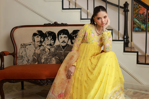 SS25DA-2713 YELLOW 2PCS EMBROIDERED KURTA WITH TROUSER