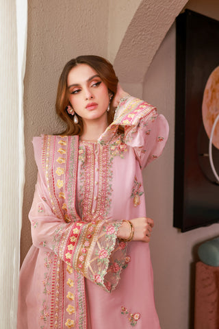 SS25DA-2714 PINK 2PCS EMBROIDERED KURTA WITH TROUSER
