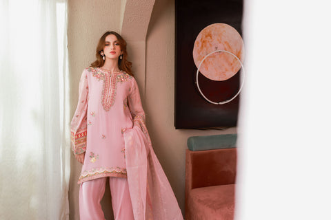 SS25DA-2714 PINK 2PCS EMBROIDERED KURTA WITH TROUSER