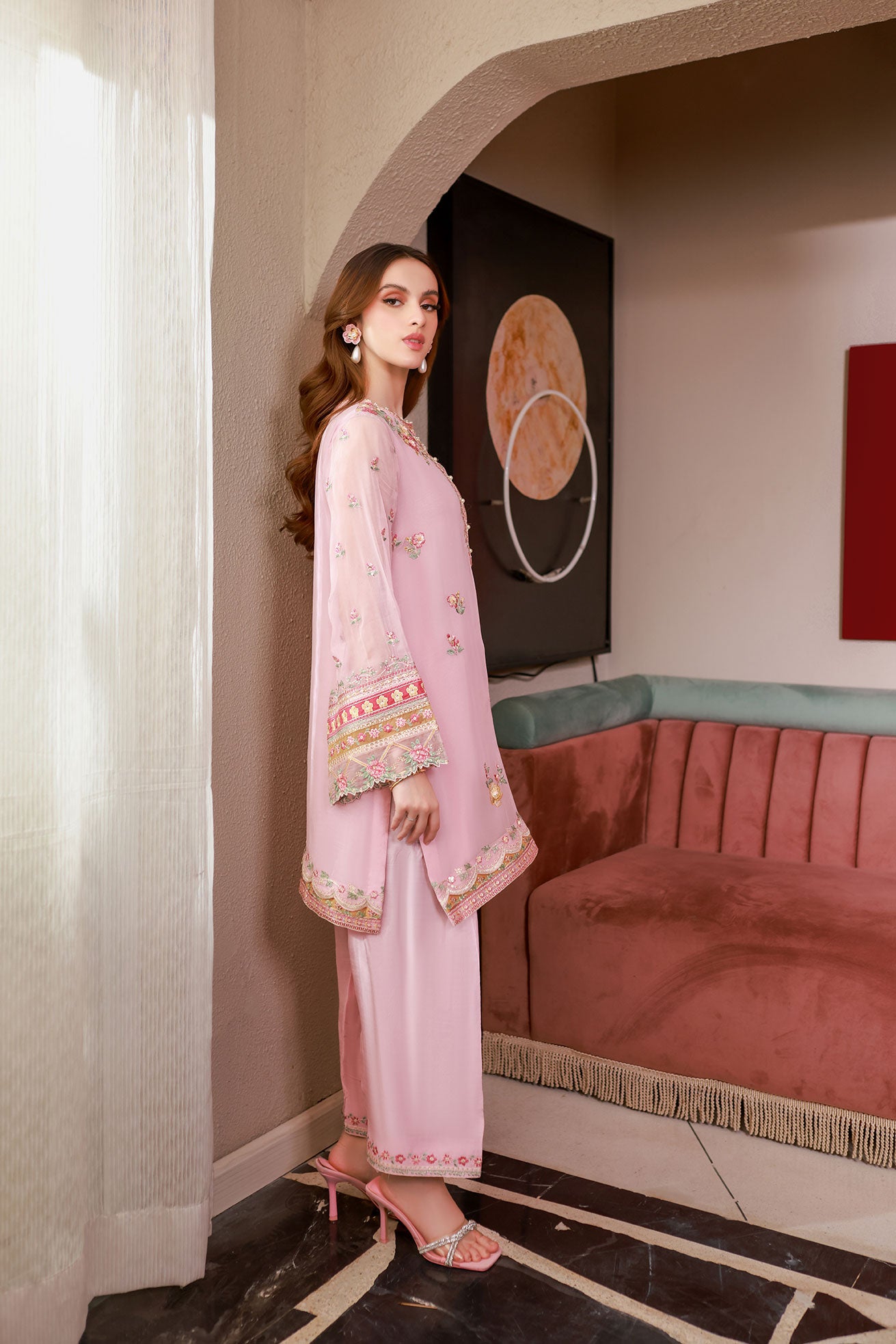 SS25DA-2714 PINK 2PCS EMBROIDERED KURTA WITH TROUSER