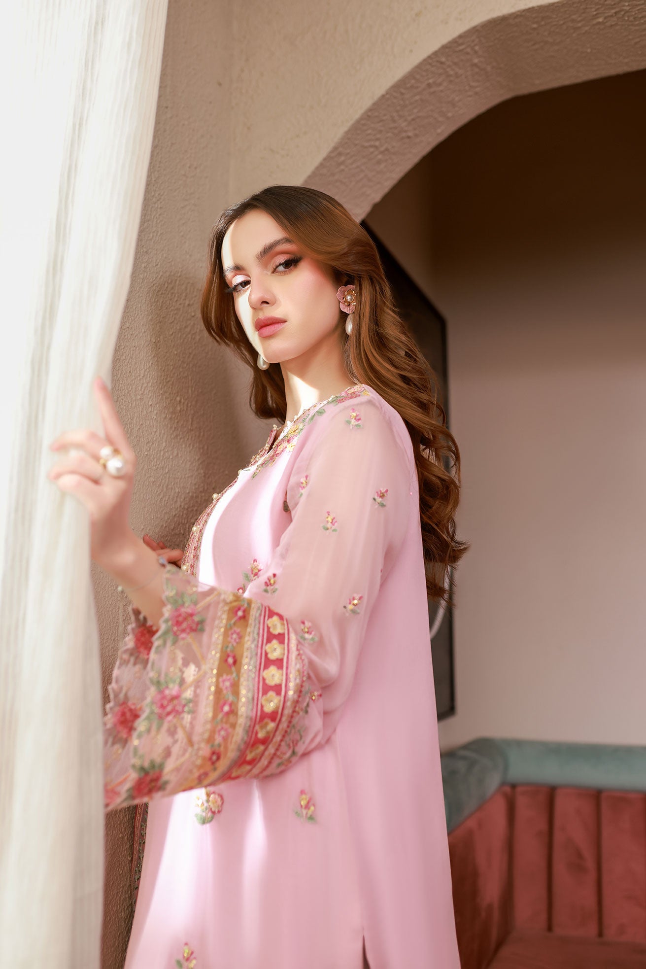 SS25DA-2714 PINK 2PCS EMBROIDERED KURTA WITH TROUSER