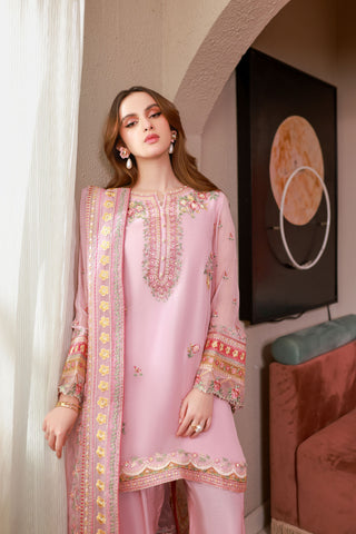 SS25DA-2714 PINK 2PCS EMBROIDERED KURTA WITH TROUSER
