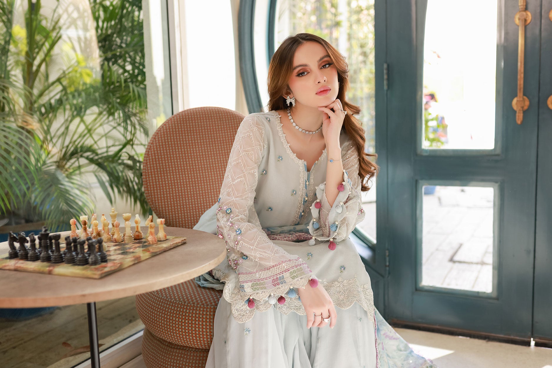 SS25DA-2715 L-GREY 2PCS EMBROIDERED KURTA WITH TROUSER