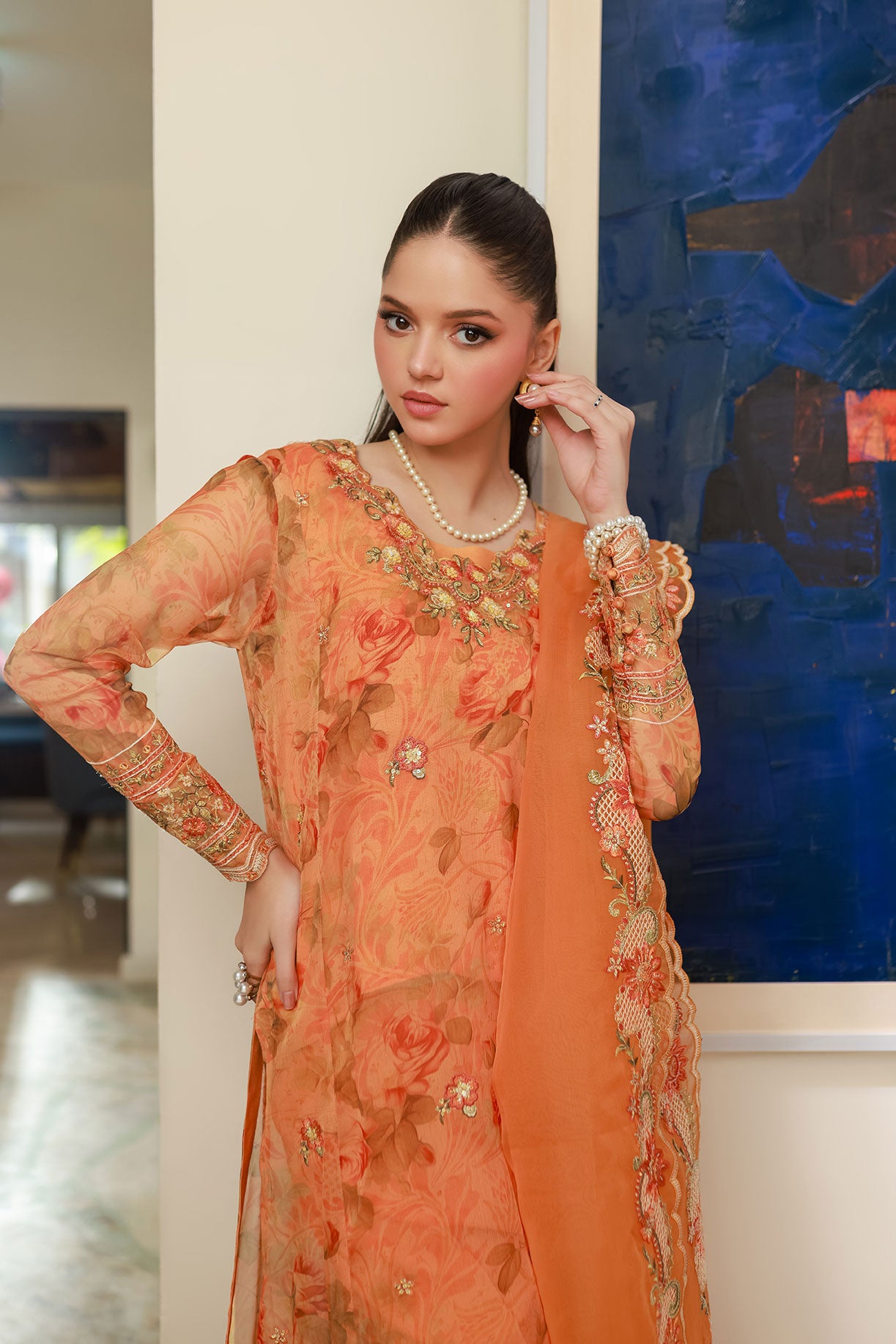 SS25DA-2716 ORANGE 2PCS EMBROIDERED KURTA WITH TROUSER