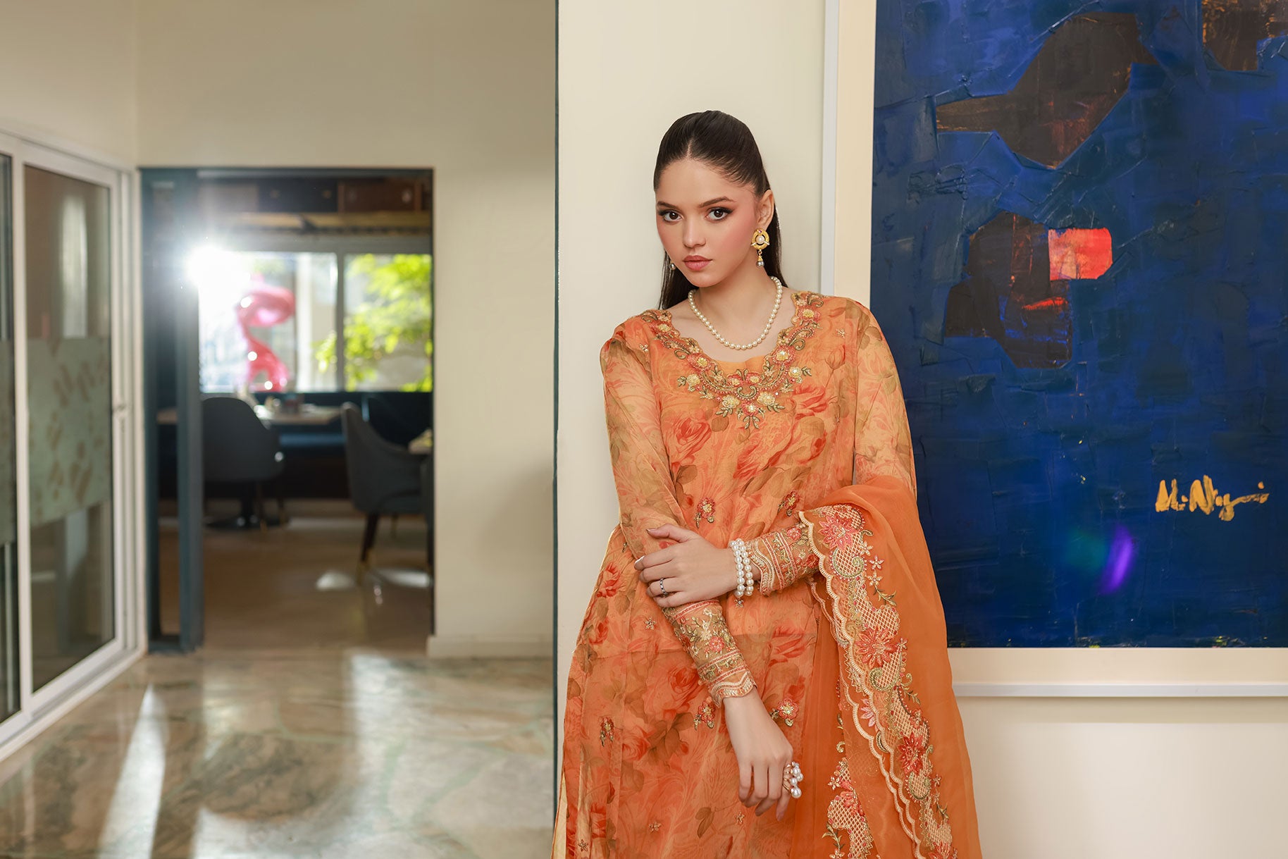 SS25DA-2716 ORANGE 2PCS EMBROIDERED KURTA WITH TROUSER
