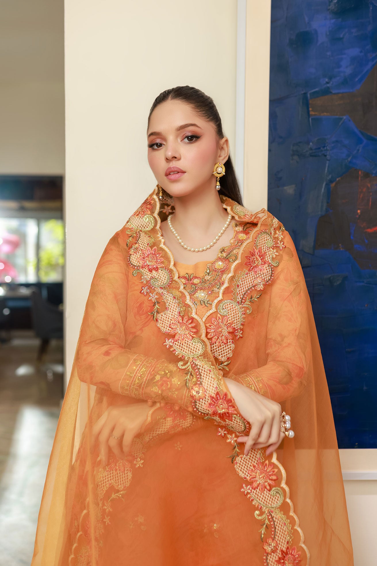 SS25DA-2716 ORANGE 2PCS EMBROIDERED KURTA WITH TROUSER