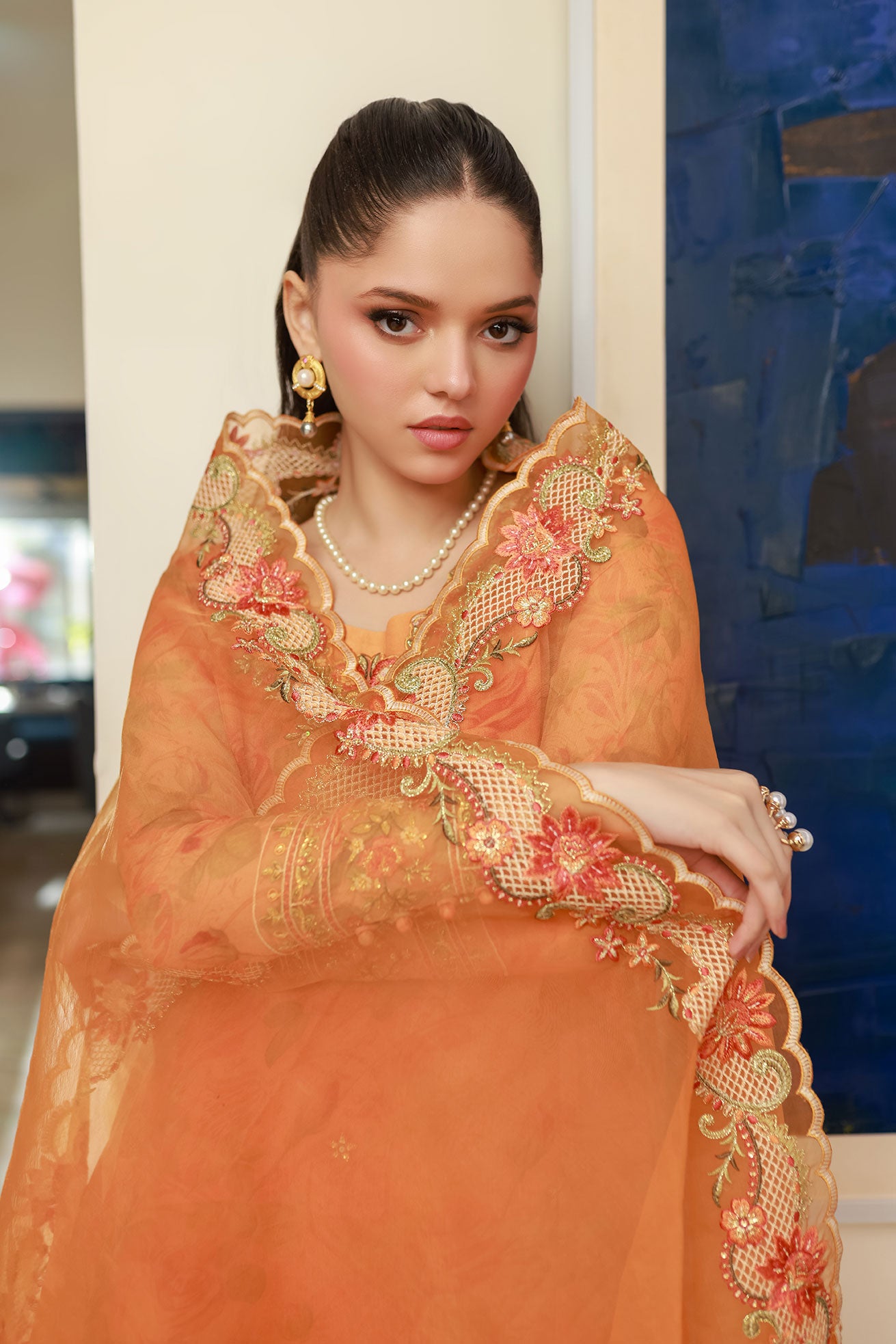 SS25DA-2716 ORANGE 2PCS EMBROIDERED KURTA WITH TROUSER