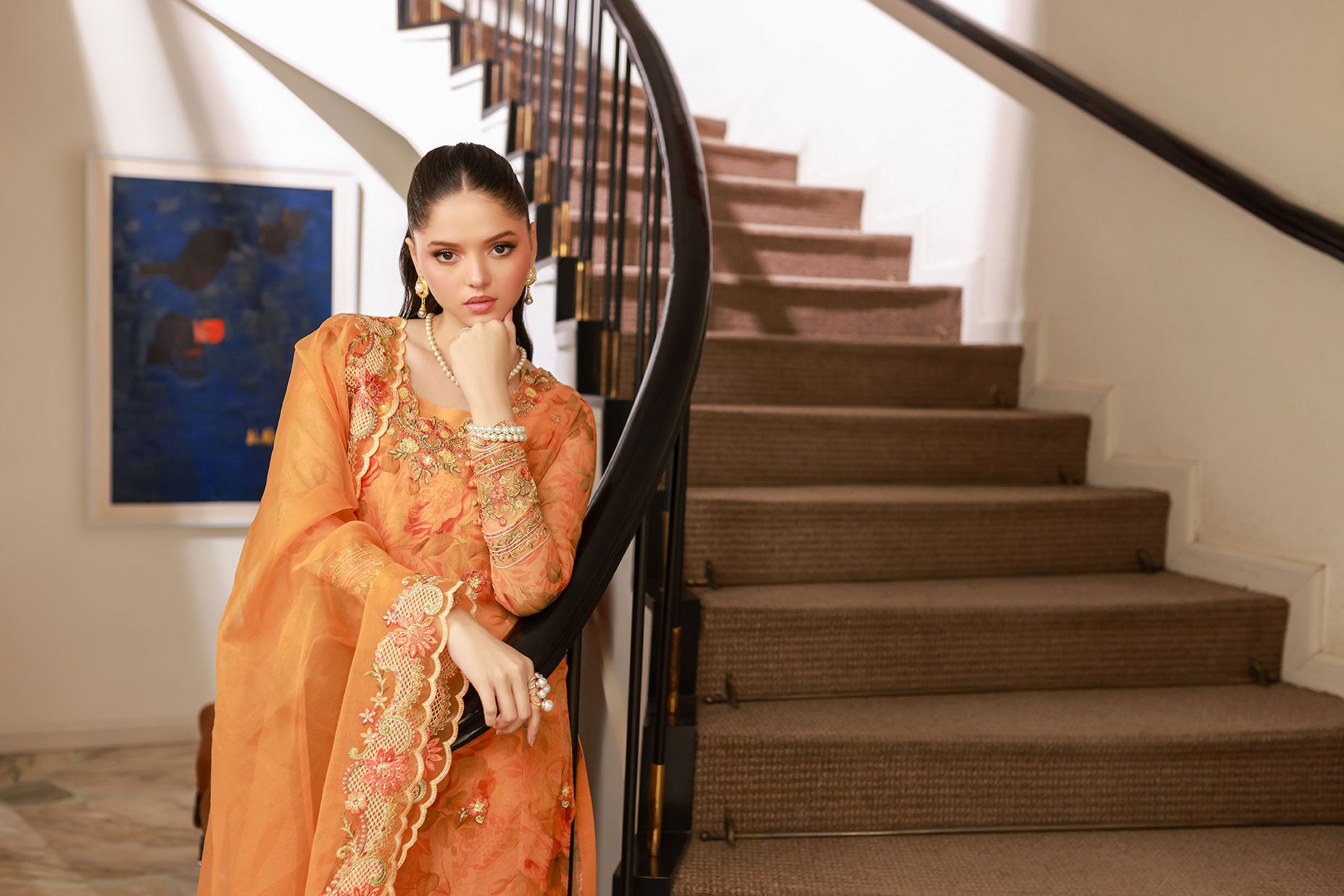 SS25DA-2716 ORANGE 2PCS EMBROIDERED KURTA WITH TROUSER