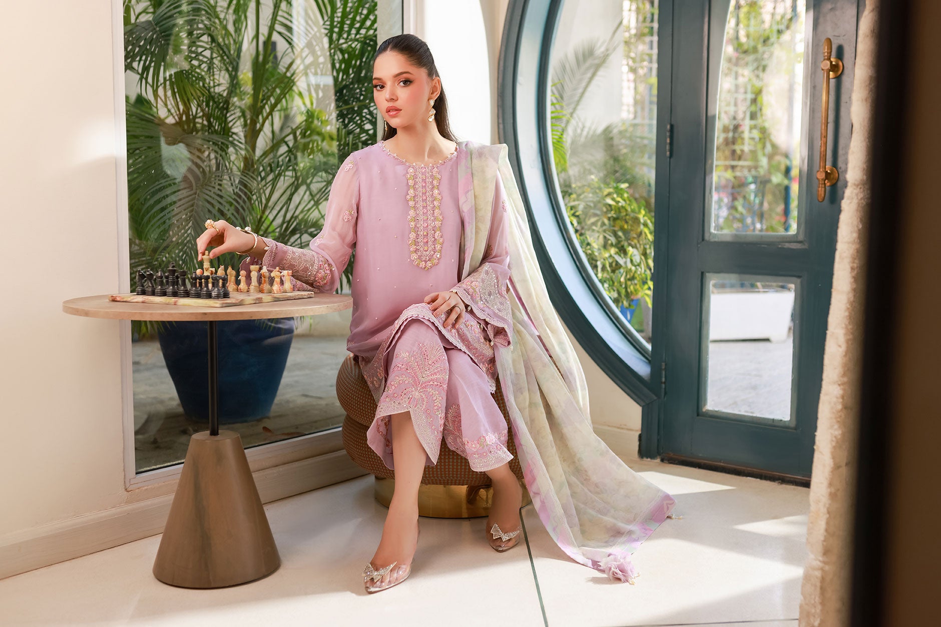 SS25DA-2718 L-PURPLE 2PCS EMBROIDERED KURTA WITH TROUSER