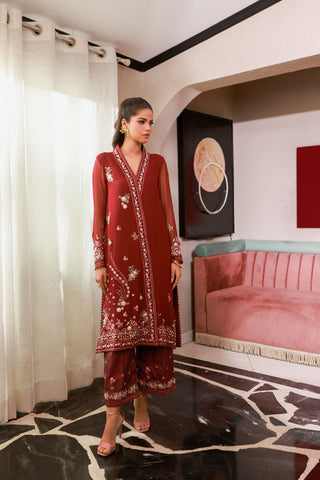 SS25DA-2719 MAROON 2PCS EMBROIDERED KURTA WITH TROUSER