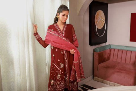 SS25DA-2719 MAROON 2PCS EMBROIDERED KURTA WITH TROUSER
