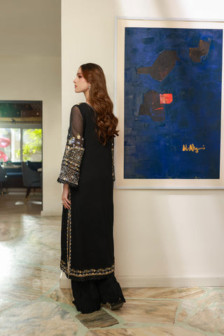 SS25DA-2720 BLACK 2PCS EMBROIDERED KURTA WITH TROUSER