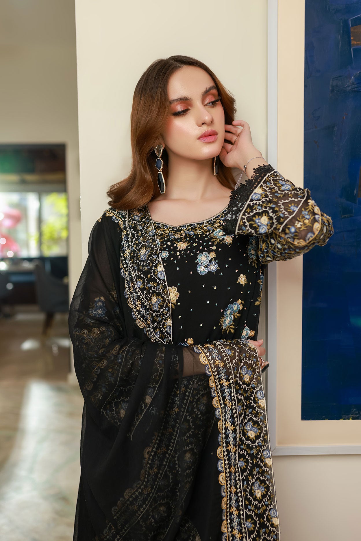 SS25DA-2720 BLACK 2PCS EMBROIDERED KURTA WITH TROUSER
