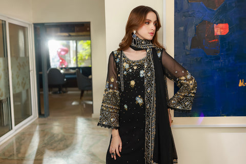 SS25DA-2720 BLACK 2PCS EMBROIDERED KURTA WITH TROUSER