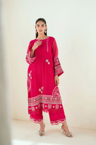 SS25DA-2723 DARK PINK  2PCS EMBROIDERED KURTA WITH TROUSER