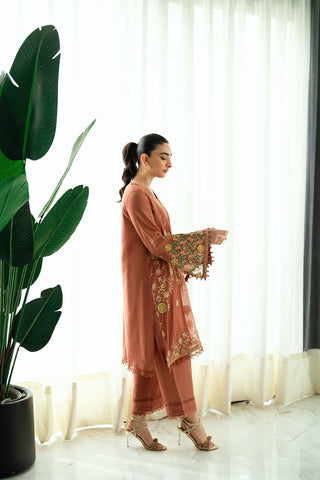 SS25DA-2724 RUST  2PCS EMBROIDERED KURTA WITH TROUSER