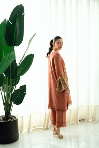 SS25DA-2724 RUST  2PCS EMBROIDERED KURTA WITH TROUSER