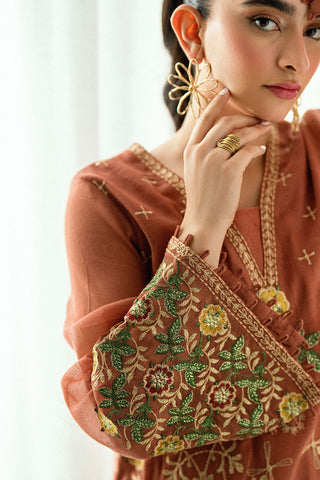 SS25DA-2724 RUST  2PCS EMBROIDERED KURTA WITH TROUSER