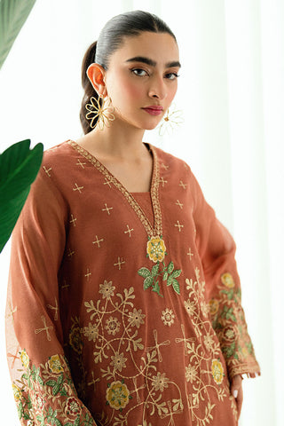 SS25DA-2724 RUST  2PCS EMBROIDERED KURTA WITH TROUSER