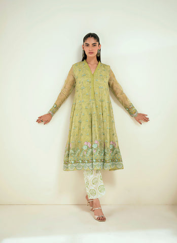 SS25DA-2729   L-GREEN  2PCS  EMBROIDERED KURTA WITH TROUSER