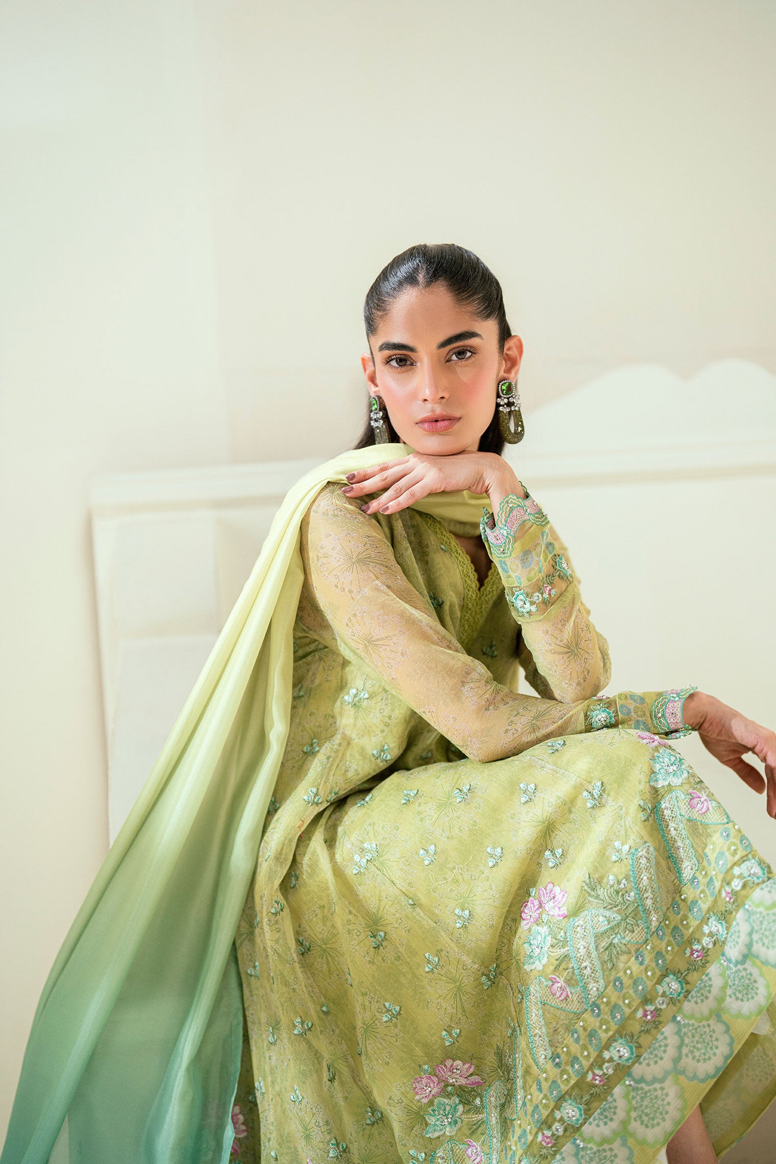 SS25DA-2729   L-GREEN  2PCS  EMBROIDERED KURTA WITH TROUSER