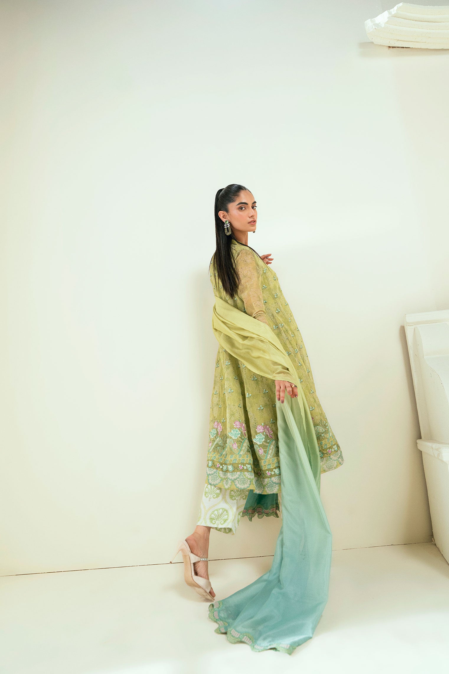 SS25DA-2729   L-GREEN  2PCS  EMBROIDERED KURTA WITH TROUSER