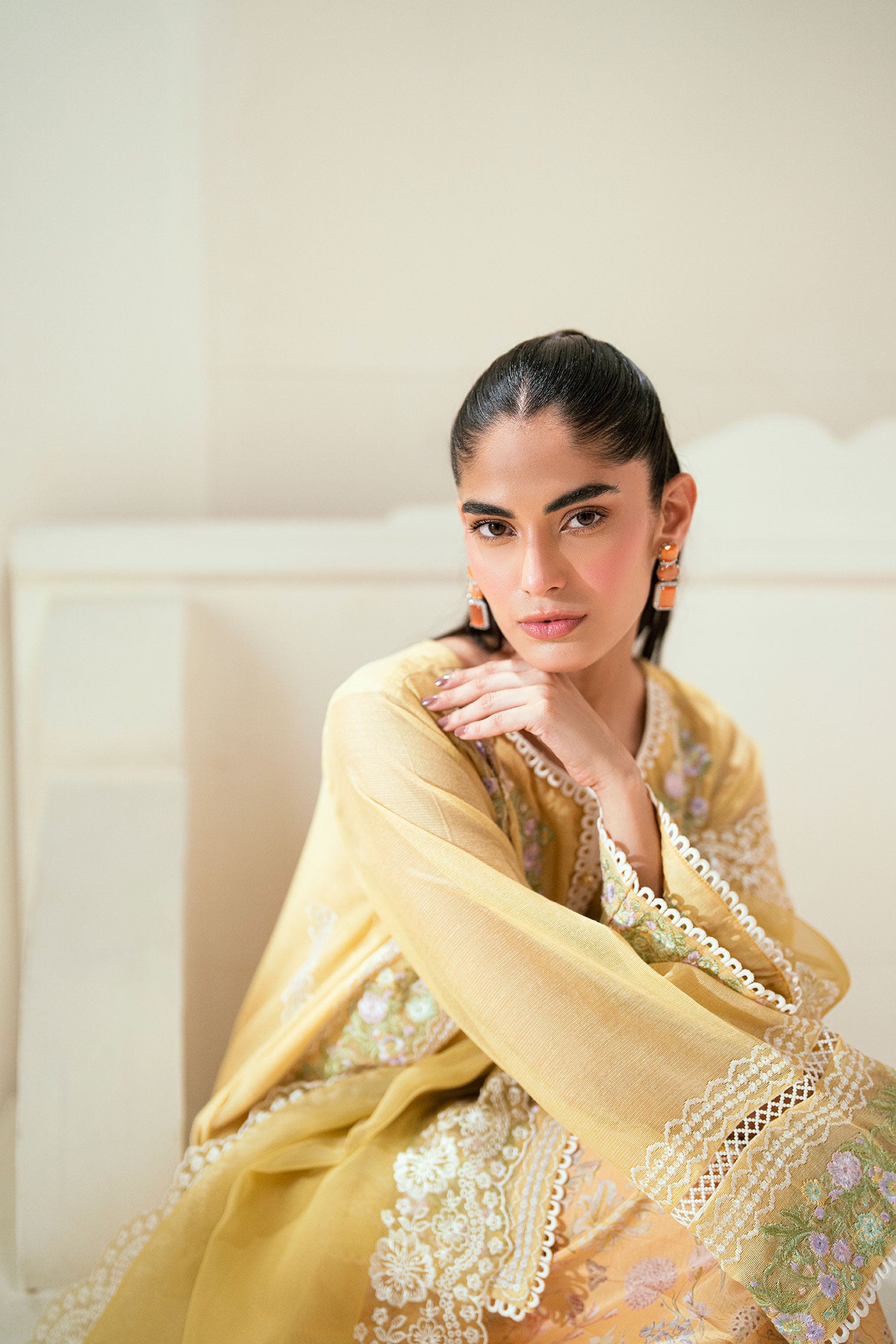 SS25DA-2741  YELLOW  2PCS  EMBROIDERED KURTA WITH TROUSER
