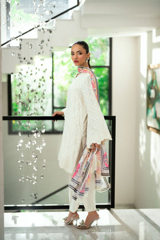 SS25DA-2743 OFF WHITE  2PCS EMBROIDERED KURTA WITH TROUSER