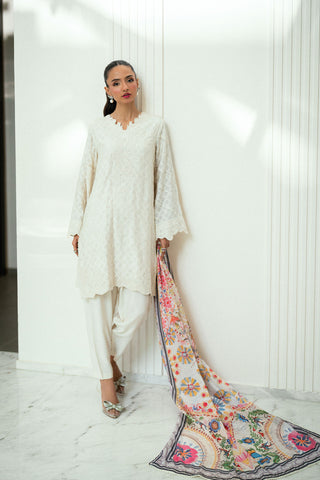 SS25DA-2743 OFF WHITE  2PCS EMBROIDERED KURTA WITH TROUSER
