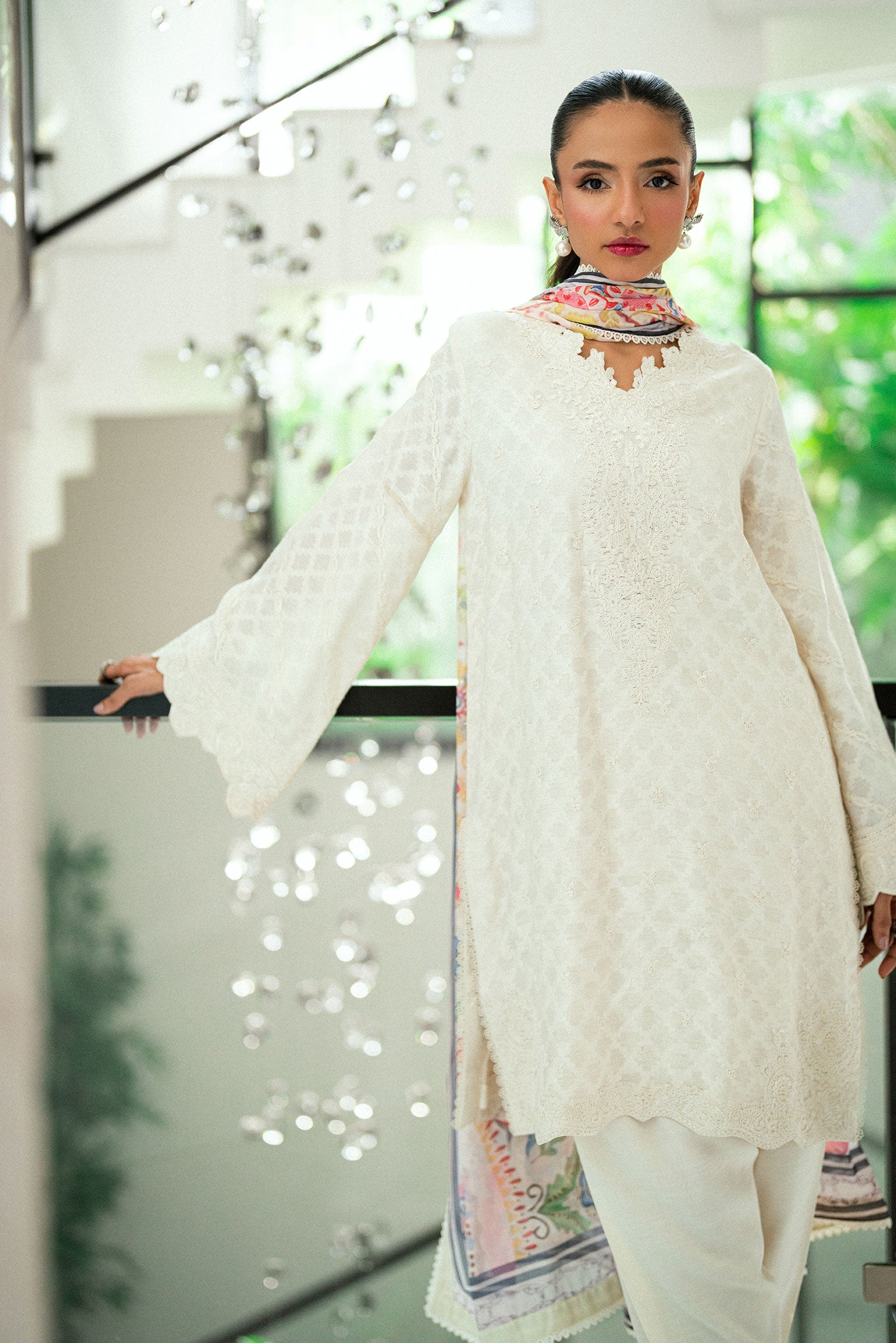 SS25DA-2743 OFF WHITE  2PCS EMBROIDERED KURTA WITH TROUSER