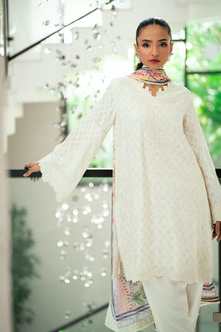 SS25DA-2743 OFF WHITE  2PCS EMBROIDERED KURTA WITH TROUSER