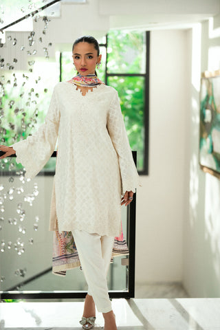 SS25DA-2743 OFF WHITE  2PCS EMBROIDERED KURTA WITH TROUSER
