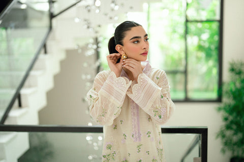 SS25DA-2761 CREAM  2PCS EMBROIDERED KURTA WITH TROUSER