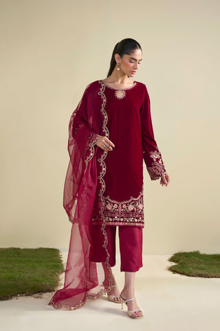 FW25DA-2804   RED  2PCS  EMBROIDERED KURTA WITH TROUSER