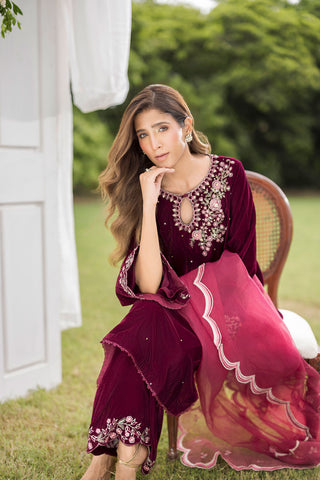 FW25DA-2816   MAROON  2PCS  EMBROIDERED KURTA WITH TROUSER