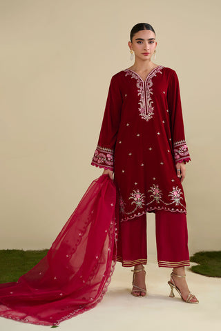 FW25DA-2820   RED  2PCS  EMBROIDERED KURTA WITH TROUSER