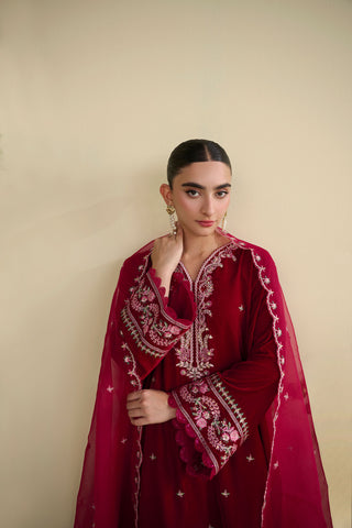 FW25DA-2820   RED  2PCS  EMBROIDERED KURTA WITH TROUSER