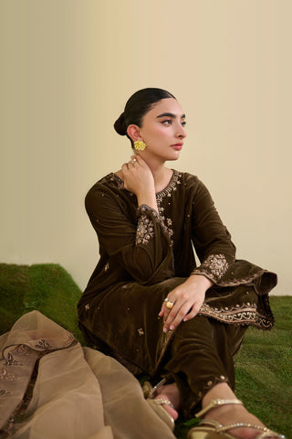 FW25DA-2821   BROWN  2PCS  EMBROIDERED KURTA WITH TROUSER