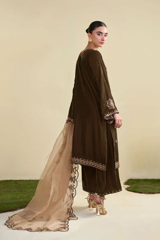 FW25DA-2821   BROWN  2PCS  EMBROIDERED KURTA WITH TROUSER