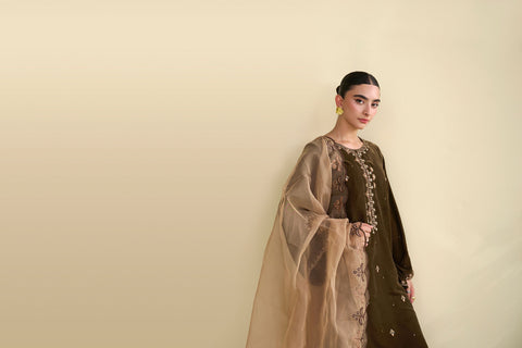 FW25DA-2821   BROWN  2PCS  EMBROIDERED KURTA WITH TROUSER