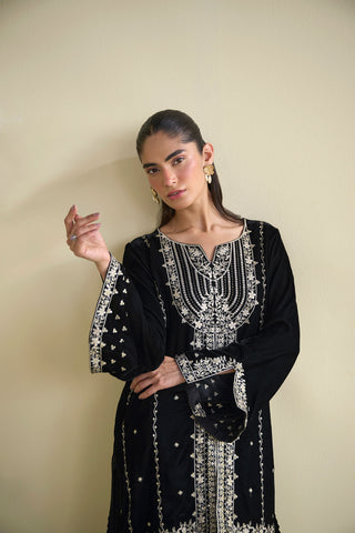FW25DA-2822  BLACK  2PCS  EMBROIDERED KURTA WITH TROUSER
