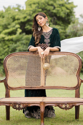 FW25DA-2829  BOTTLE GREEN 1PCS EMBROIDERED KAFTAN
