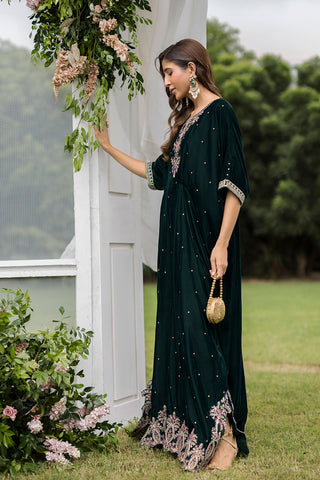 FW25DA-2829  BOTTLE GREEN 1PCS EMBROIDERED KAFTAN