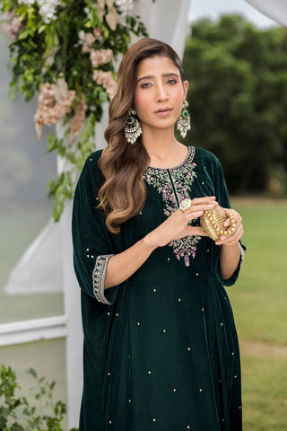 FW25DA-2829  BOTTLE GREEN 1PCS EMBROIDERED KAFTAN