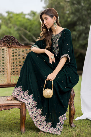 FW25DA-2829  BOTTLE GREEN 1PCS EMBROIDERED KAFTAN