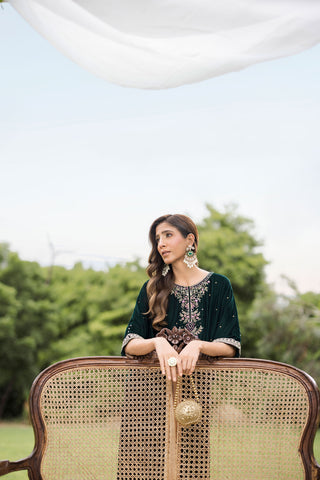 FW25DA-2829  BOTTLE GREEN 1PCS EMBROIDERED KAFTAN